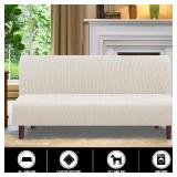 PrinceDeco Stretch Futon Cover Armless Sofa Bed Cover Futon Slipcover Protector Armrests with Elastic Bottom Soft Jacquard Fabric Small Checks Futon Cover for RV Sofas/Jackknife couches,Porcelain - Re