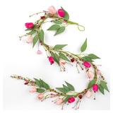 DIYFLORU 5 FT Valentine Garland Valentines Garlands Valentines Day Garlands Pink Floral Garland with Tuilps Heart Berry for Valentine