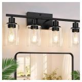 Indoi 4-Light Bathroom Light Fixtures, Matte Black Modern Vanity Lights with Clear Glass Shades, Bathroom Wall Lamp for Mirror Living Room Cabinet Bedroom Porch - Retail: $40