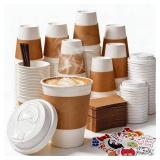 BIBBOO 12 oz Disposable Coffee Cups with Lids, Sleeves and Stirrers 100 Pack, Hot Cups with Lids, Leak-Proof To Go Cups for Hot Chocolate, Cocoa, Office, Coffee Bar Accessories - Retail: $20