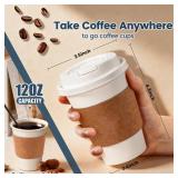 BIBBOO 12 oz Disposable Coffee Cups with Lids, Sleeves and Stirrers 100 Pack, Hot Cups with Lids, Leak-Proof To Go Cups for Hot Chocolate, Cocoa, Office, Coffee Bar Accessories - Retail: $20