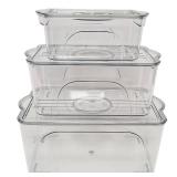 FRASTORDER Food Storage Containers with Lids - Clear Plastic Stackable Storage Bins with Date Recorder for Fridge, Freezer, Kitchen Cabinet, Pantry Organization (Set of 3) - Retail: $21