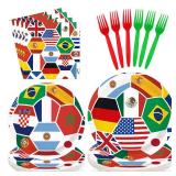 Greencian 96Pcs International World Flags Party Decoration Soccer World Flags Plates and Napkins Football Theme Disposable Tableware Set for Soccer Sports Events Festival Party Supplies Serves 24 - Re