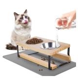 Qyapeixy Elevated Cat Bowls with Food Mat, 15° Tilted Anti Vomiting Raised Cat Feeder for Indoor Cats and Puppy, 2 Stainless Steel Bowls for Food and Water - Retail: $20