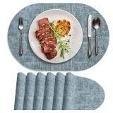 BARTHKIT Placemats for Dining Table Set of 6 Non-Slip, Heat Resistant Oval Leather Placemat Double Layer, Waterproof Table Mats Easy to Clean for Kitchen Dining Room, Light Blue - Retail: $28