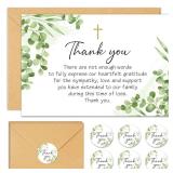 BYBOUS 50Pcs Funeral Sympathy Thank You Cards with Envelopes and Matching Seal Stickers, Green Leaf Cross Bereavement Card with Message for Memorial Service Loved Ones Celebration of Life - Retail: $1