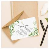 BYBOUS 50Pcs Funeral Sympathy Thank You Cards with Envelopes and Matching Seal Stickers, Green Leaf Cross Bereavement Card with Message for Memorial Service Loved Ones Celebration of Life - Retail: $1