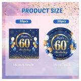 40PCS 60 Birthday Decorations for Men Navy Blue and Gold 60th Birthday Party Disposable Dinnerware Set Plates, Paper Napkins Party Supplies for Men Cheers to 60 Years - Retail: $9