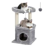 PEQULTI Cat Tree Tower for Indoor Cats with Private Cozy Cat Condo, Natural Sisal Scratching Posts and Plush Pom-pom for Small Cats - Retail: $28