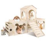 Extra Large Rabbit Castle, Wooden Bunny House & Hay Feeder, Detachable Rabbit Hideaway, Indoor Rabbit Castle with Ramp, Small Animal Houses & Habitats - Retail: $50