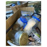 Box of pickle jars & hook