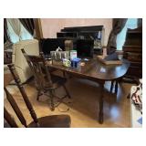 Pine table w/leaf, 3 chairs & bench