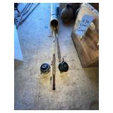 Fishing pole in case, cooler, worm bedding