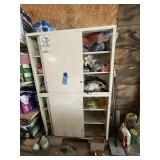 White pressed wood cabinet & contents