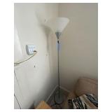 Pole lamp,brown table,light oak pressed wood shelf