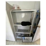 5 shelf white metal shelving unit & contents