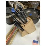 Knife set w/block, pots & pans, Presto deep fryer,