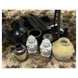 Pottery pieces, crock pitcher, side table & more