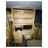 Desk w/chair, shelving unit above TV, printer