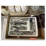 3 flats kitchen silverware, glasses, more