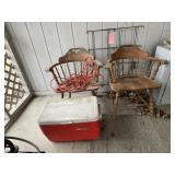 2 chairs, coolers, extension cord, fence
