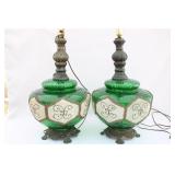 Pair VTG Hollywood Regency MCM Green Table Lamps