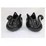 Pair of Black Ceramic Swan Planters