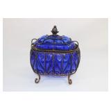 Blue Glass and Metal Dresser Top Canister
