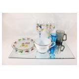 Mirrored Tray, Blue Glass Pitcher, McD