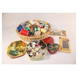 Wicker Sewing Basket, Vtg Tin with Buttons