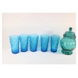 5 Vintage Blue Crinkle Glasses, Blue Jar w/Lid