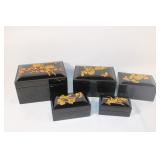 Set of 5 Black Lacquer Lidded Nesting Boxes
