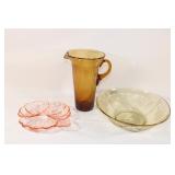 Trio of Amber Colored Pitcher, Pink Clover, etc