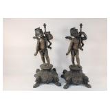 Pair of Antique Cherub Gas Lights -Patinated Metal