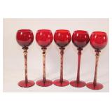 Set of 5 Red and Gold Cordial Stemmed Glasses