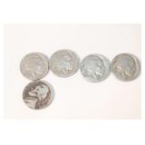 4 Buffalo Head Nickels, 1 Silver Nickel