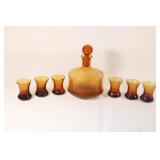 Vtg Empoli Amber Glass Decanter and 6 Glasses