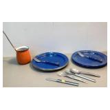 Blue White Enamel Granite Ware Plates Forks Etc