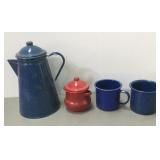 Blue & Red Granite Ware Coffee Pot & Cup Set