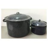 Large Blue Speckled Enamel Granite Ware Pots