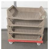 4 Brown Plastic Stackable Trays w/ Mobile Cart