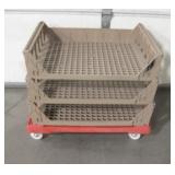 3 Brown Plastic Stackable Trays w/ Mobile Cart