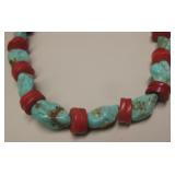 Sterling Silver, Turquoise & Coral SW Necklace