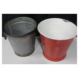 2 Vintage Red & White / Plain Steel Buckets