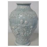 13" Vintage Blue Hue Cherub Ceramic Vase