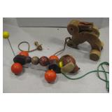 2 Vintage Rabbit & Dog Wood Pull Toy Figures