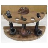 VNTG Wood 2 Horse Finial Pipe Rack w/ 3 Pipes