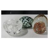 3 Deco Art Glass Paperweights & Candle Holder