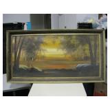 26"x49" Vintage Oil on Canvas Lake Scene Art