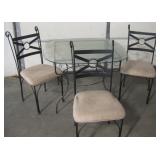 Vintage Glass & Scrolling Metal Table w/ 3 Chairs